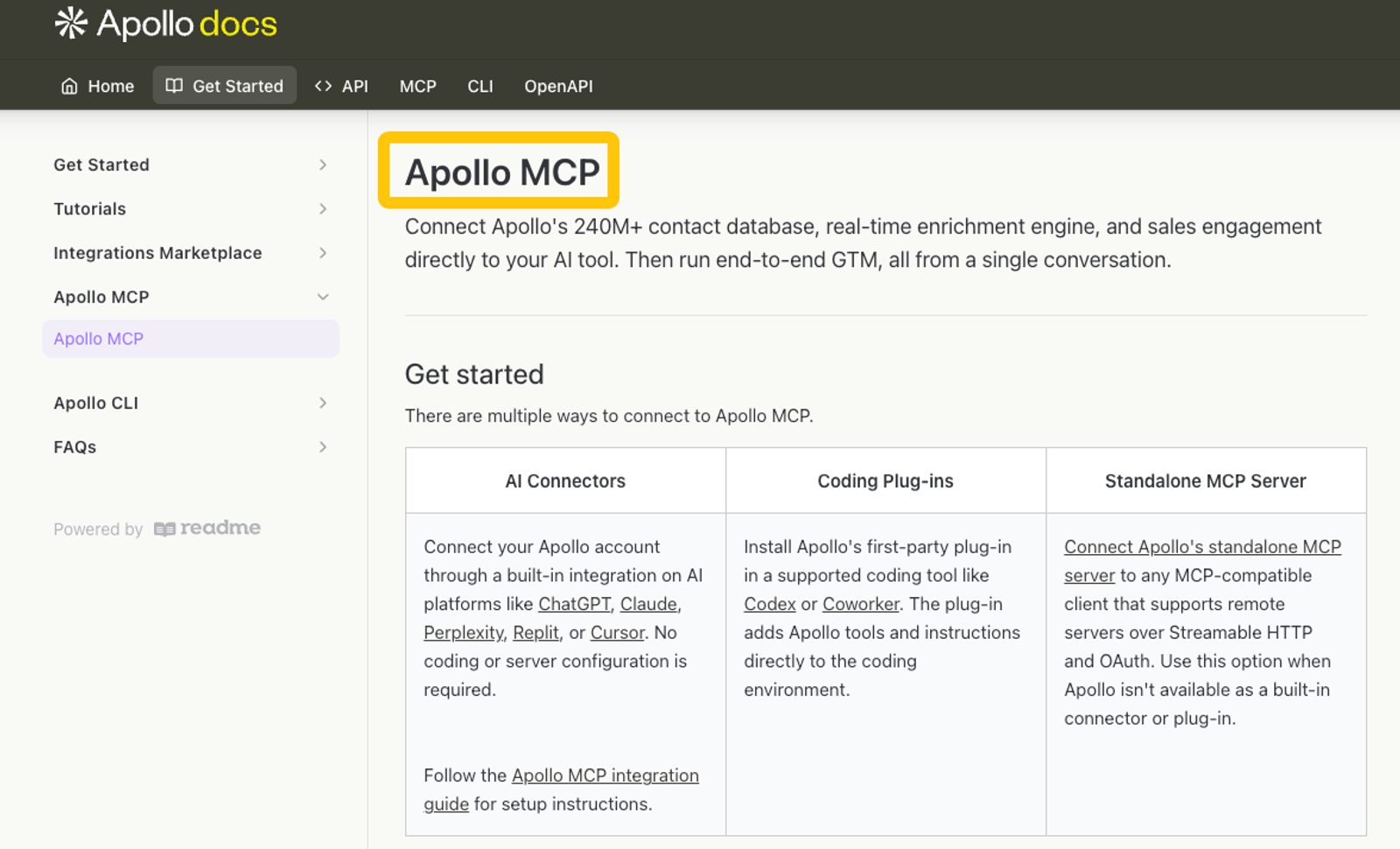 Apollo docs detailing best MCP servers for business sales marketing to connect contact database and GTM tools.