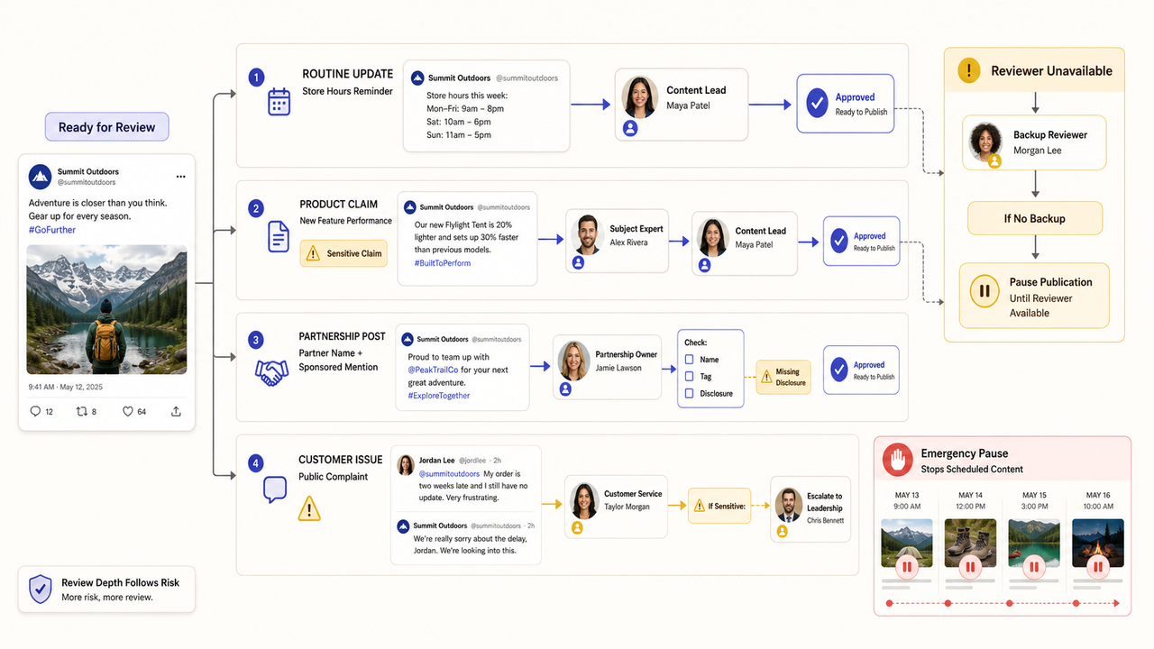 A review workflow chart demonstrating how to manage multiple social media accounts while handling risks and approvals.