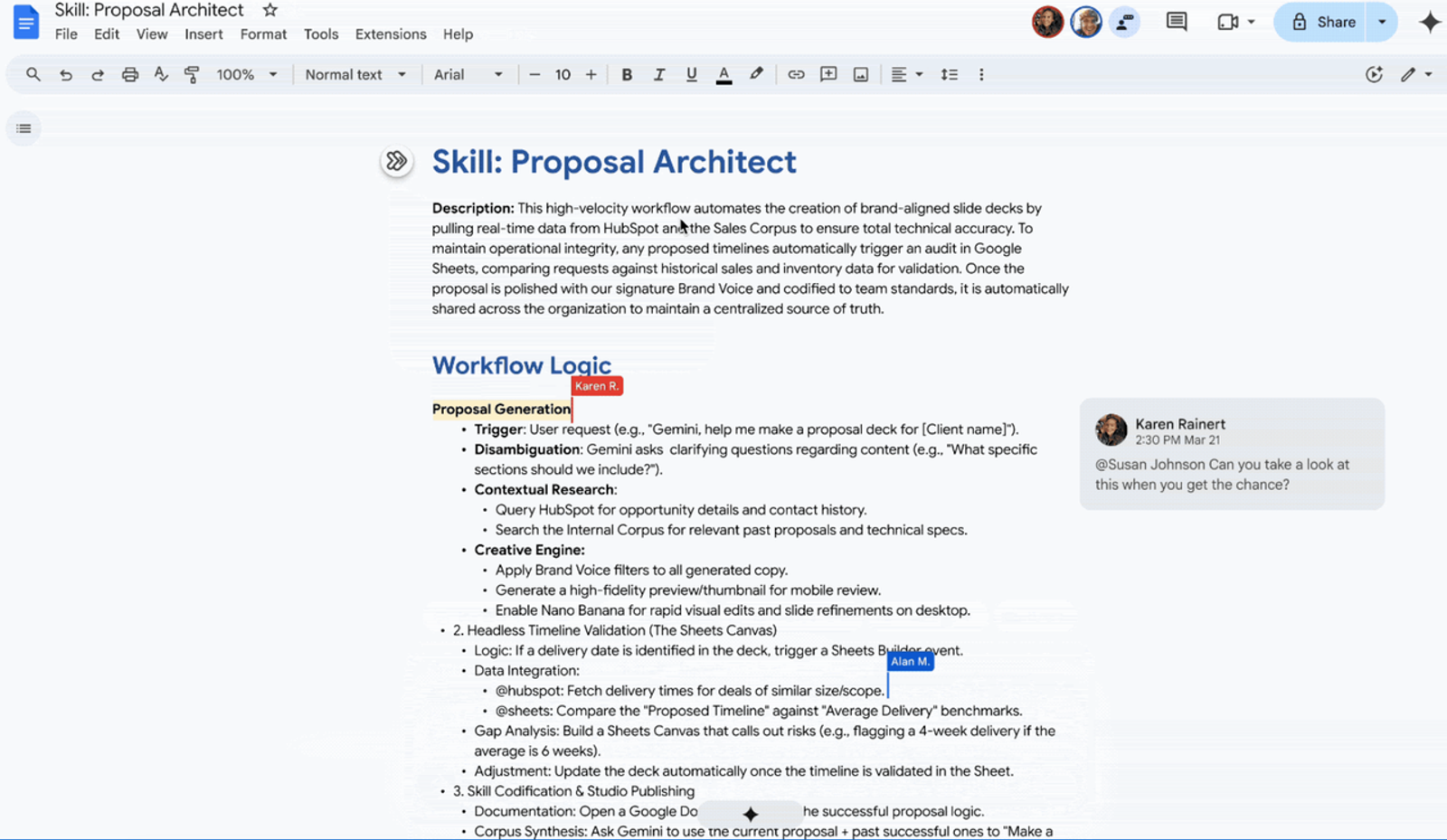 A detailed Google Doc outlining the workflow logic for a proposal architect to boost gemini skills marketing efforts.