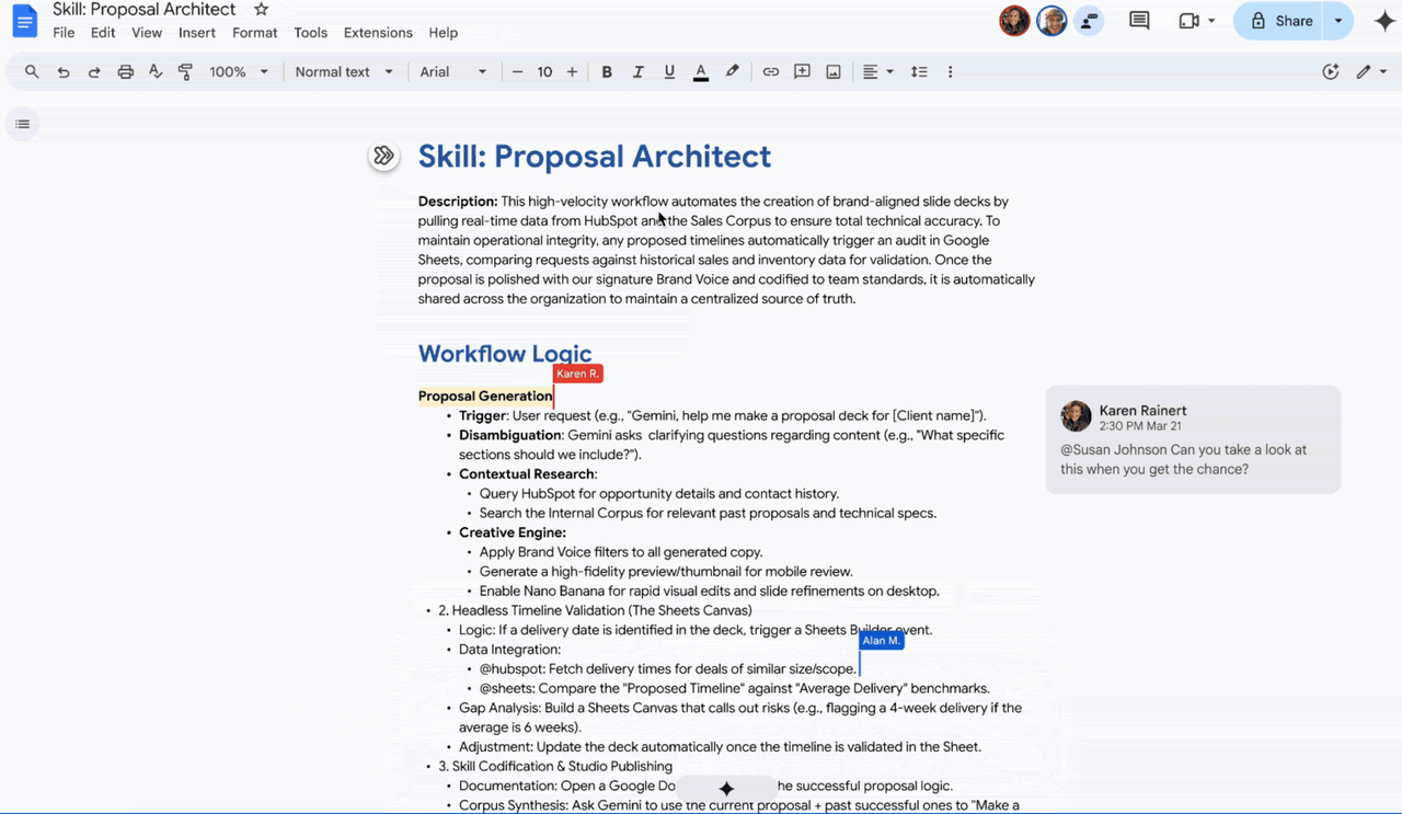 A detailed Google Doc outlining the workflow logic for a proposal architect to boost gemini skills marketing efforts.