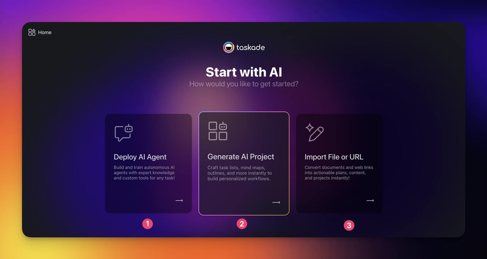 Screenshot for our Taskade review displaying options to deploy AI agents, generate AI projects, or import files.