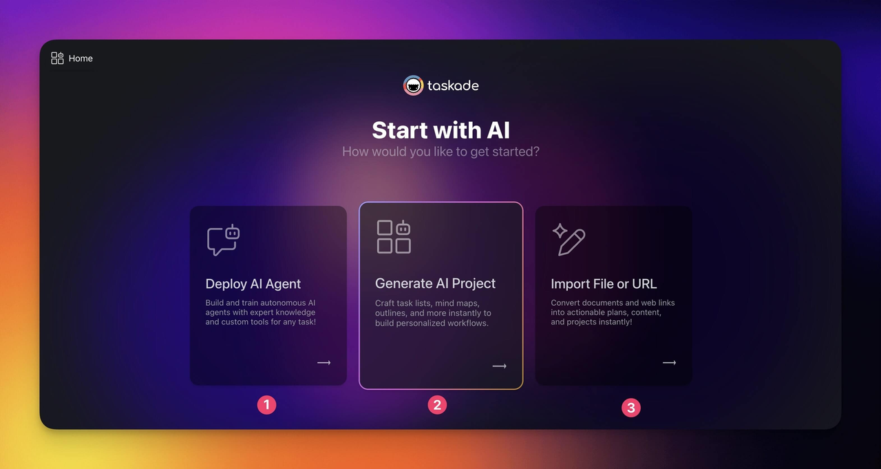 Screenshot for our Taskade review displaying options to deploy AI agents, generate AI projects, or import files.