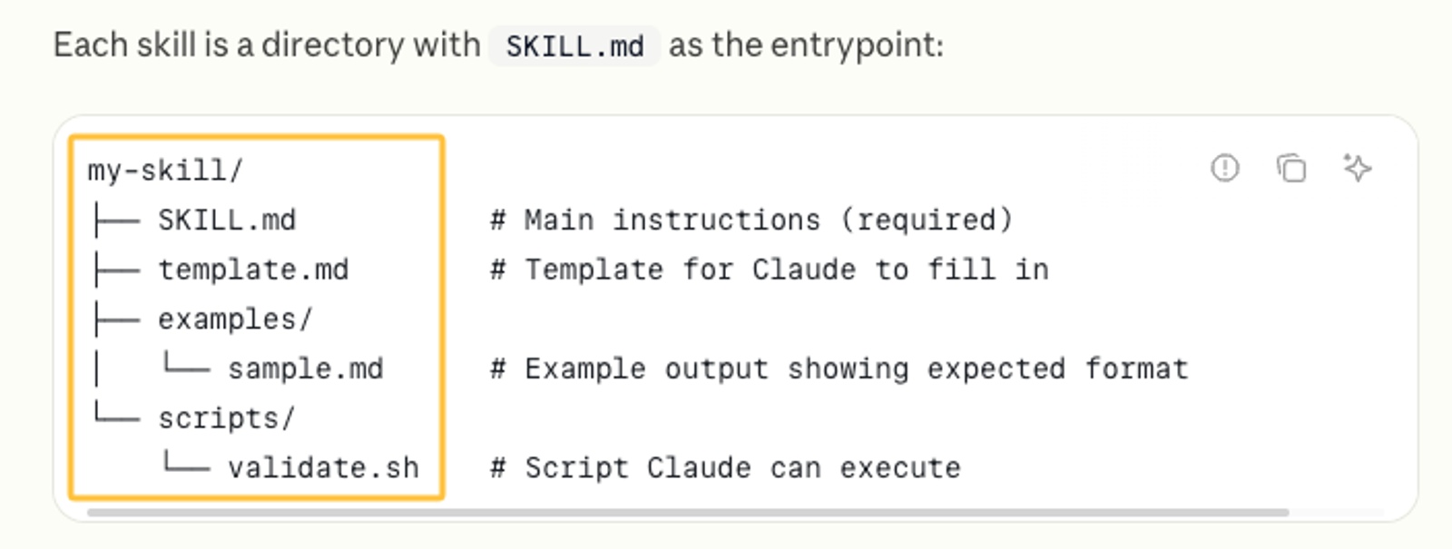 Code structure screenshot for Claude Code skills directory, showing SKILL.md and template files.