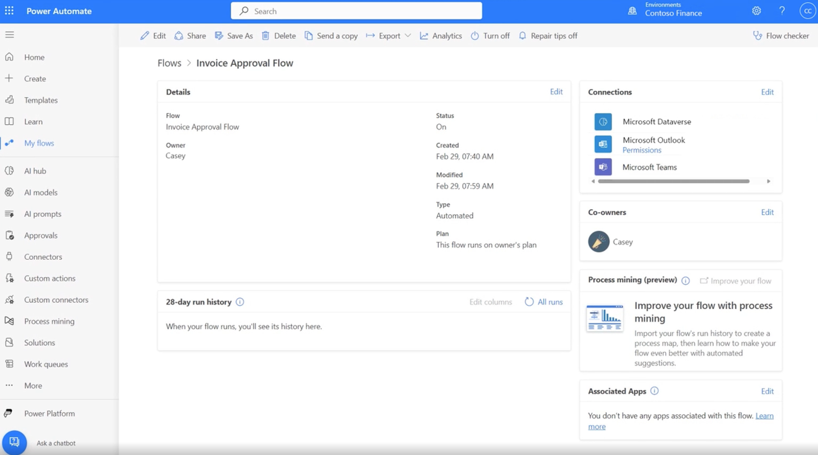 screenshot of Microsoft Power Automate, showcasing an invoice approval flow, part of workflow automation tools.