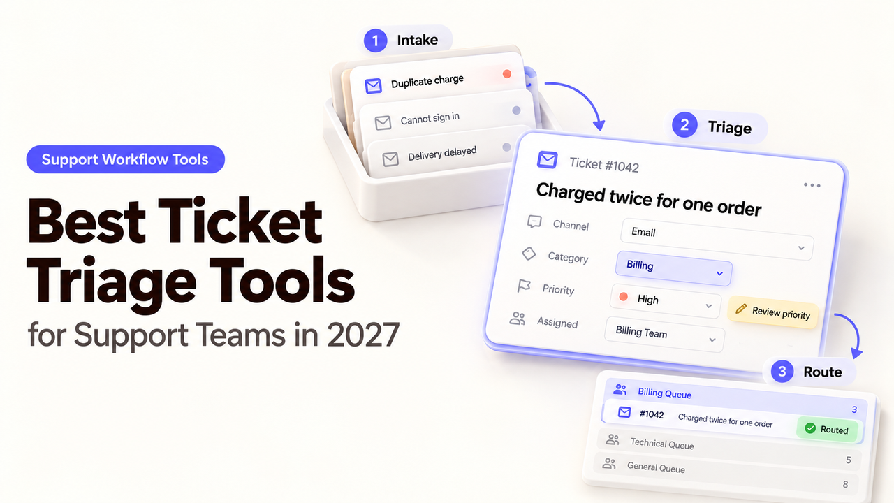 Visual flow of the best ticket triage tools highlighting Intake, Triage, and Routing.