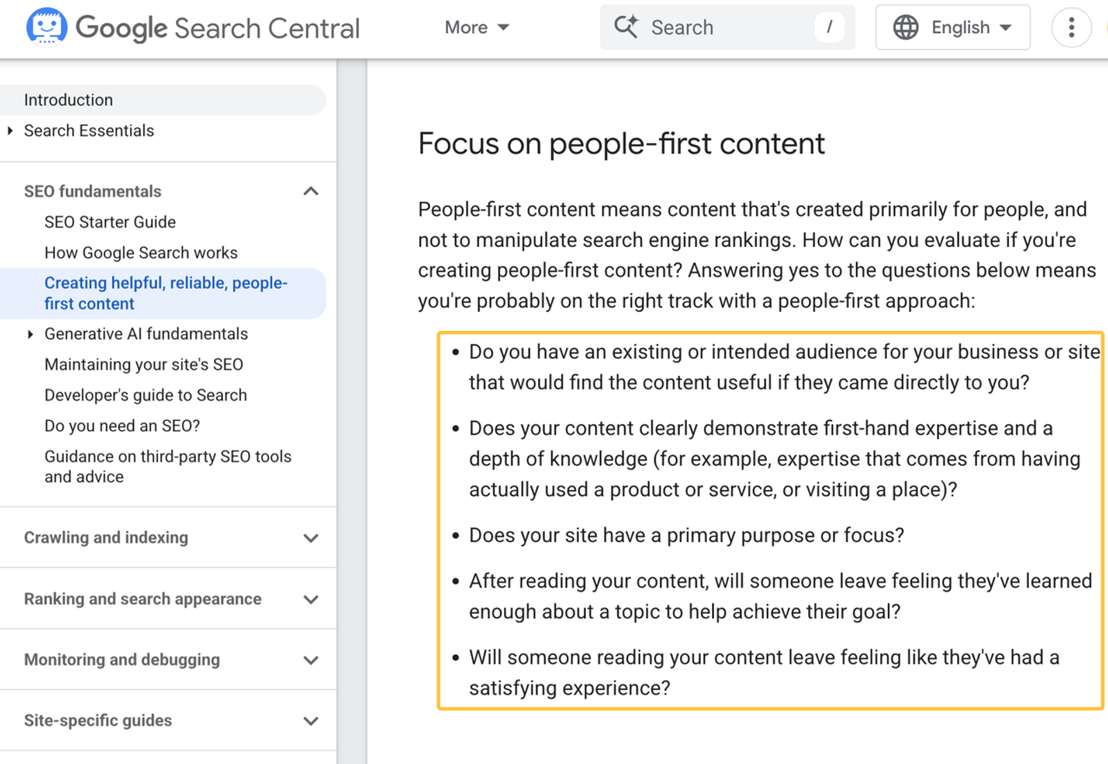 Screenshot of Google Search Central's guide to people-first content, key criteria for effective content strategy services.