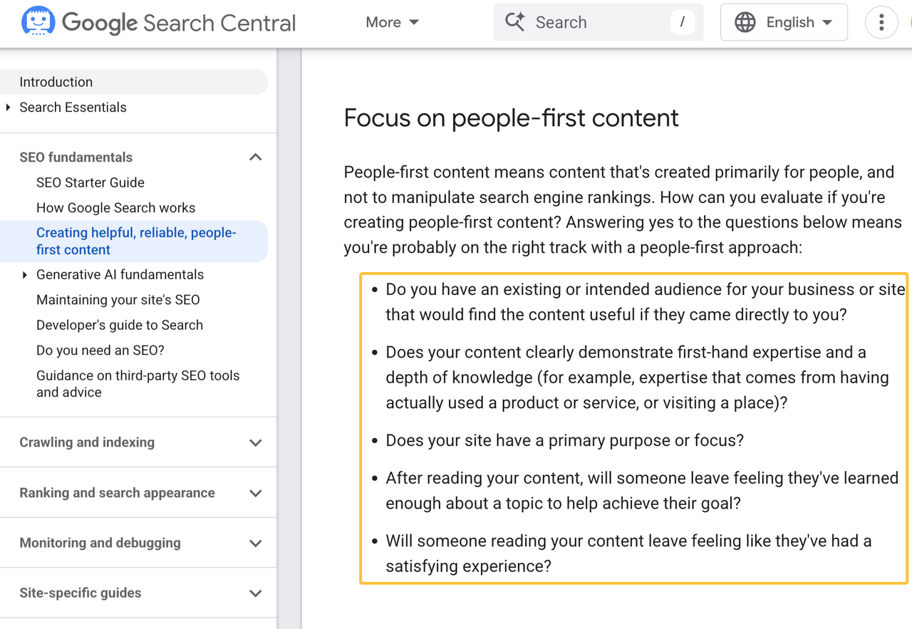 Screenshot of Google Search Central's guide to people-first content, key criteria for effective content strategy services.