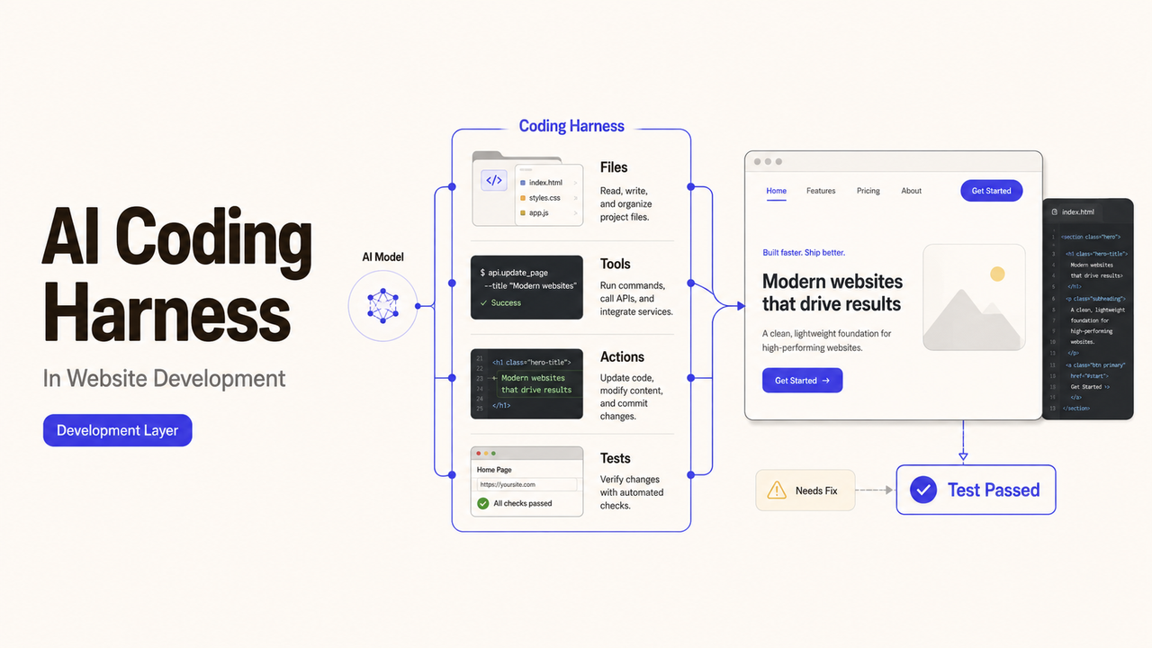 Visual guide explaining what is an ai coding harness by connecting an AI model to development files, actions, and tests.