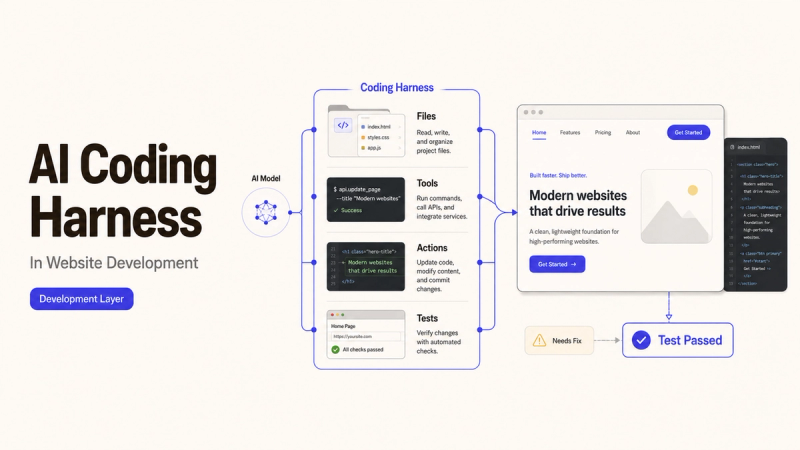 Visual guide explaining what is an ai coding harness by connecting an AI model to development files, actions, and tests.