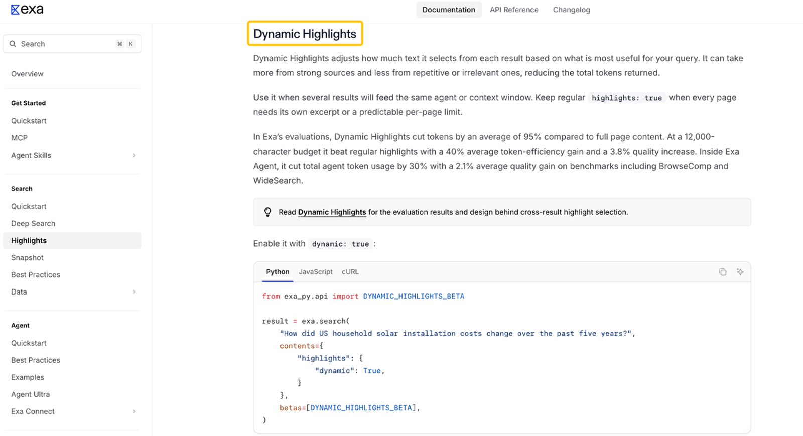 Exa API documentation showing Python code for Dynamic Highlights, useful for exa 3 company research and data.