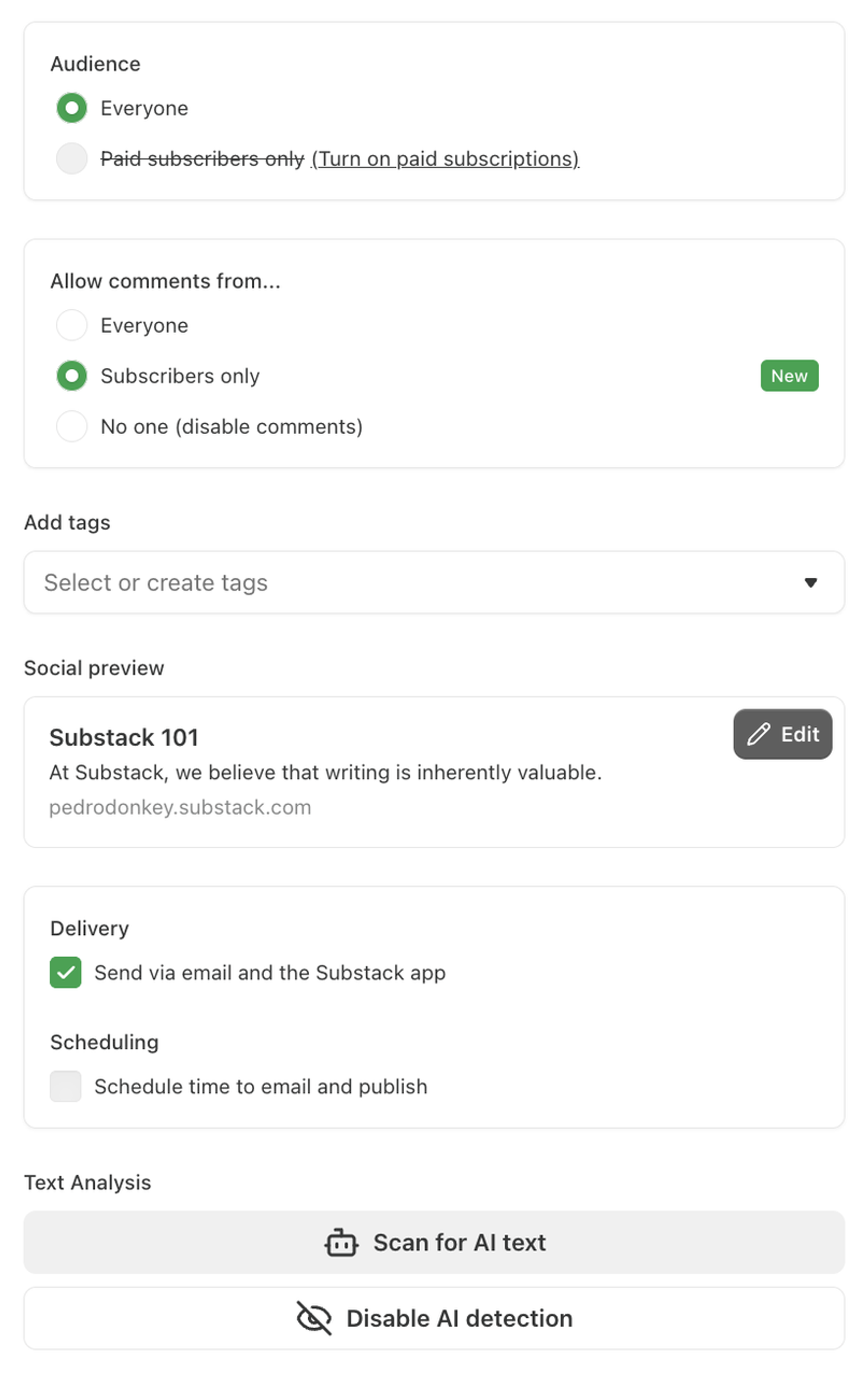 Post settings menu with text analysis options to scan for AI text or disable the Substack AI detector before publishing.