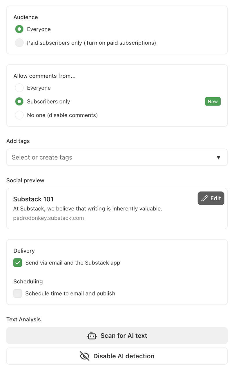 Post settings menu with text analysis options to scan for AI text or disable the Substack AI detector before publishing.