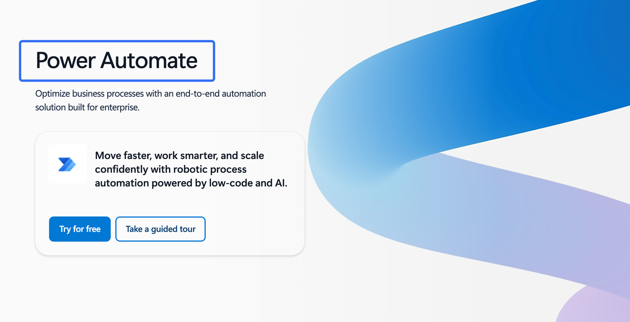 Microsoft Power Automate landing page highlighting enterprise robotic process automation and top make alternatives.