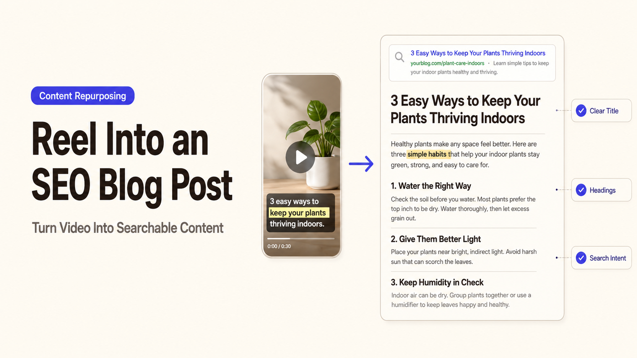 A process diagram showing how to convert an Instagram Reel into a searchable SEO blog post with headings.