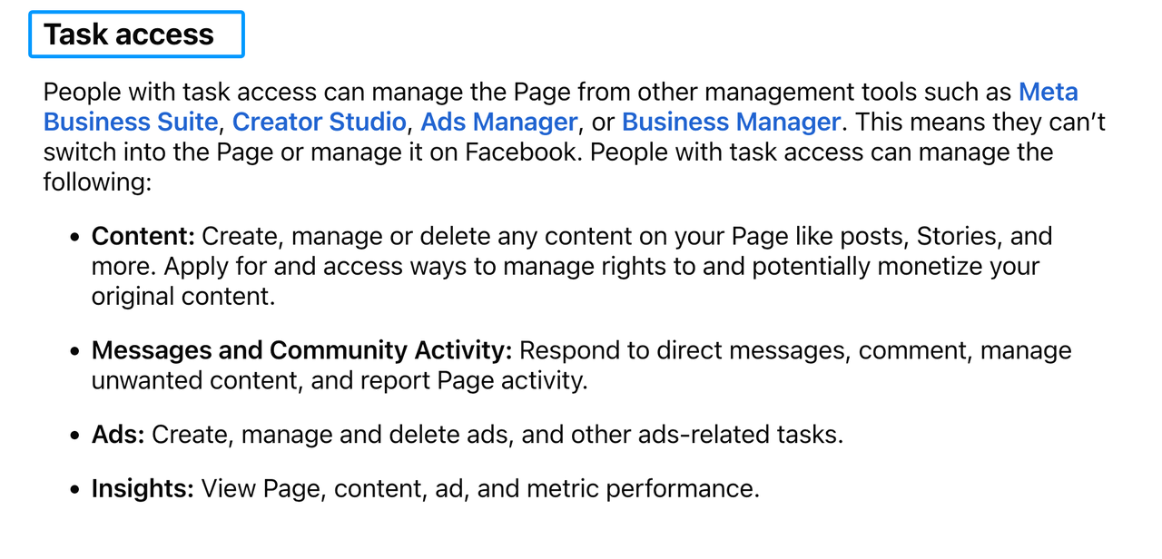 Information on Facebook task access to learn how to manage multiple social media accounts via Meta Business Suite.