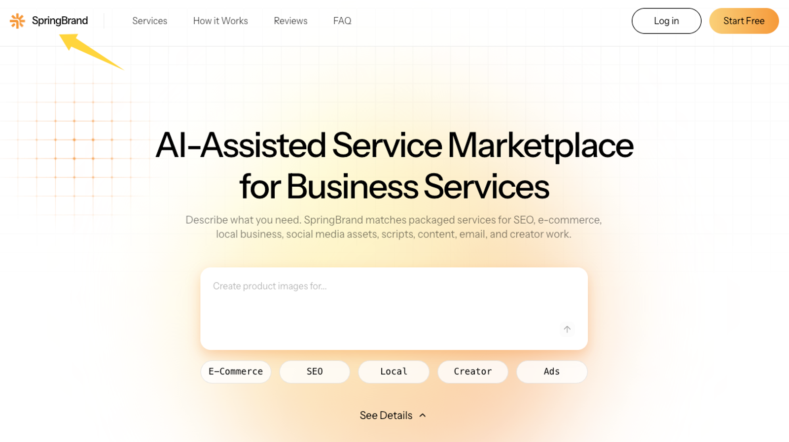 SpringBrand AI marketplace homepage, illustrating AI integration examples like ChatGPT Sites for small business services.
