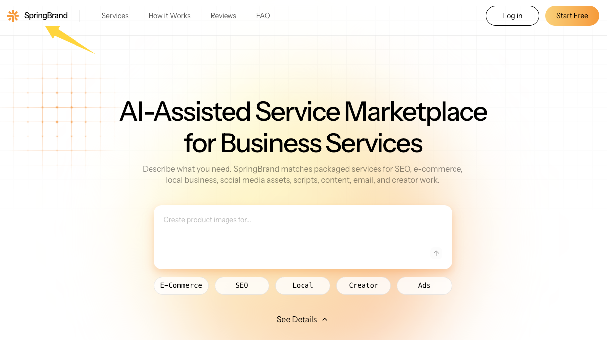 SpringBrand AI marketplace homepage, illustrating AI integration examples like ChatGPT Sites for small business services.