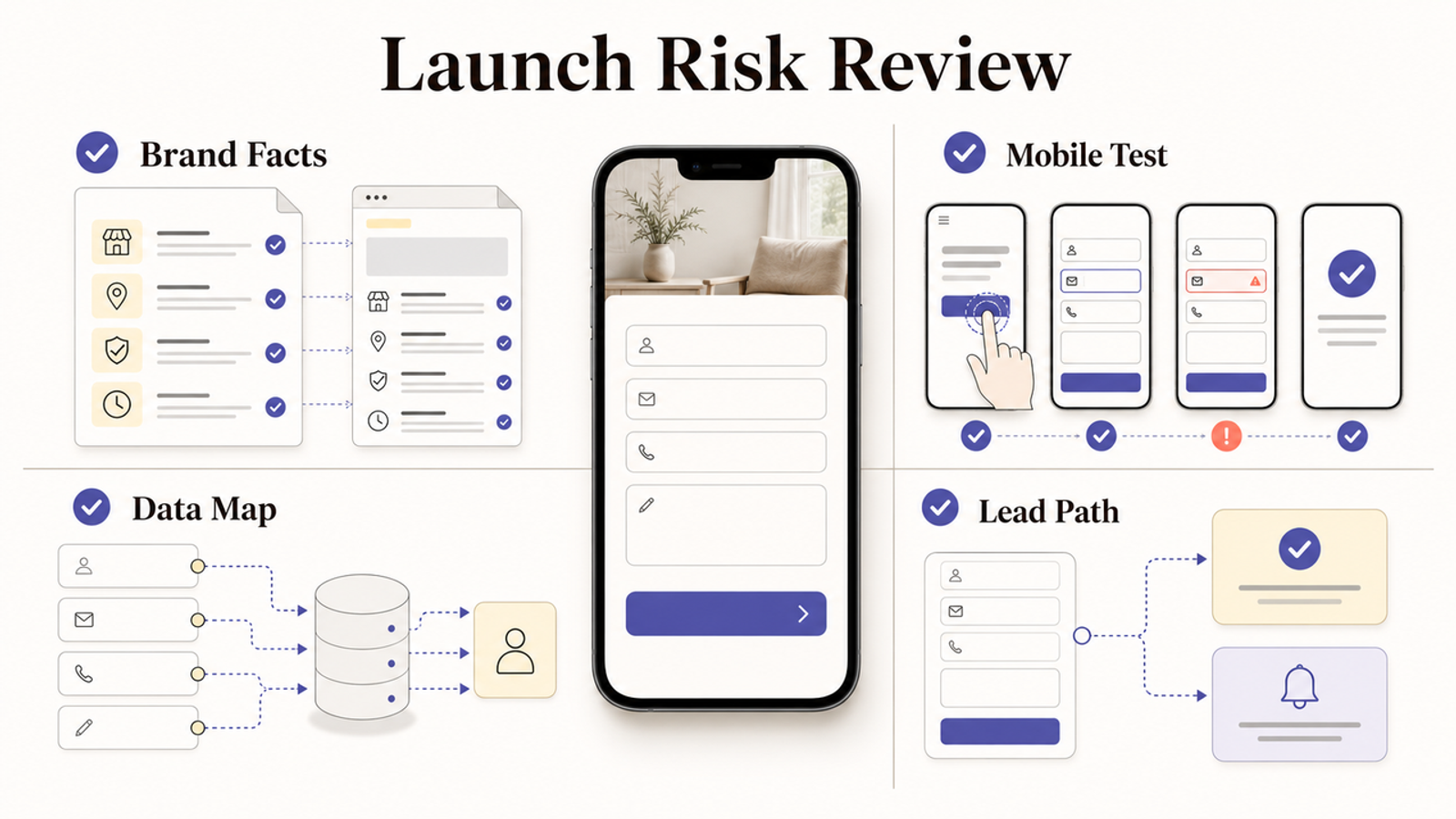 Launch risk review for ChatGPT Sites for small business, showing mobile tests, data mapping, brand facts, and lead paths.