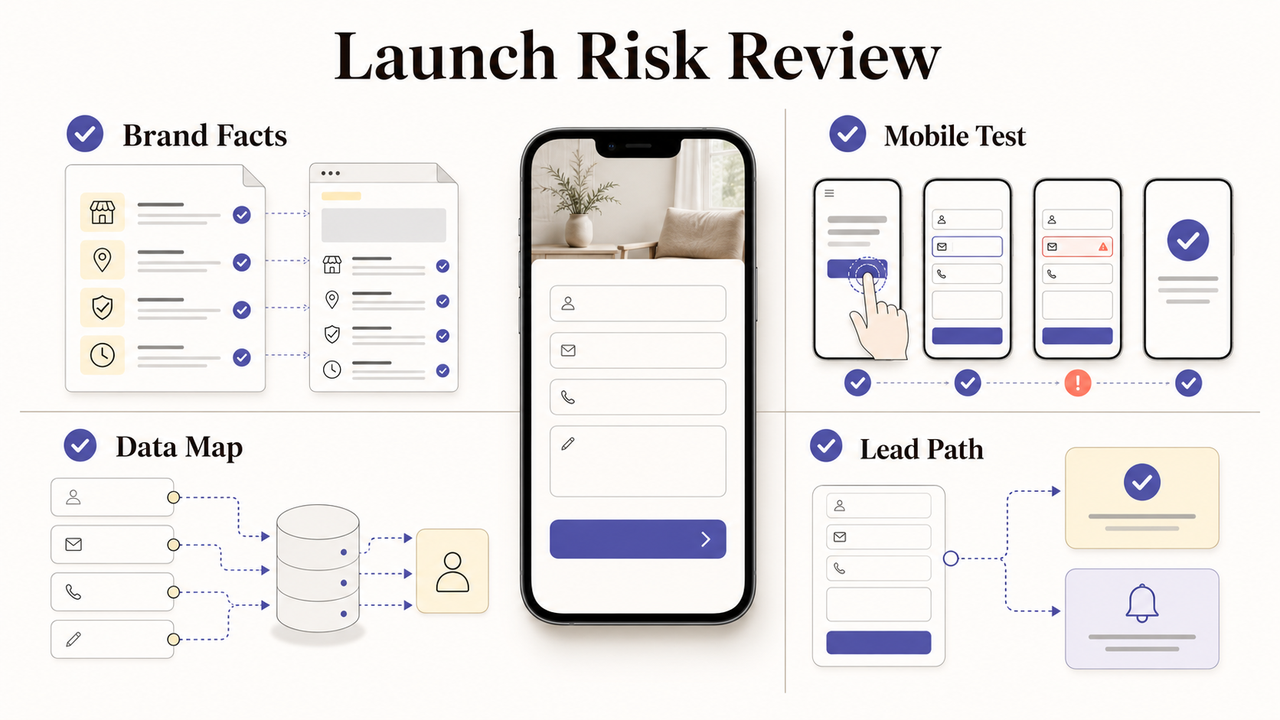 Launch risk review for ChatGPT Sites for small business, showing mobile tests, data mapping, brand facts, and lead paths.