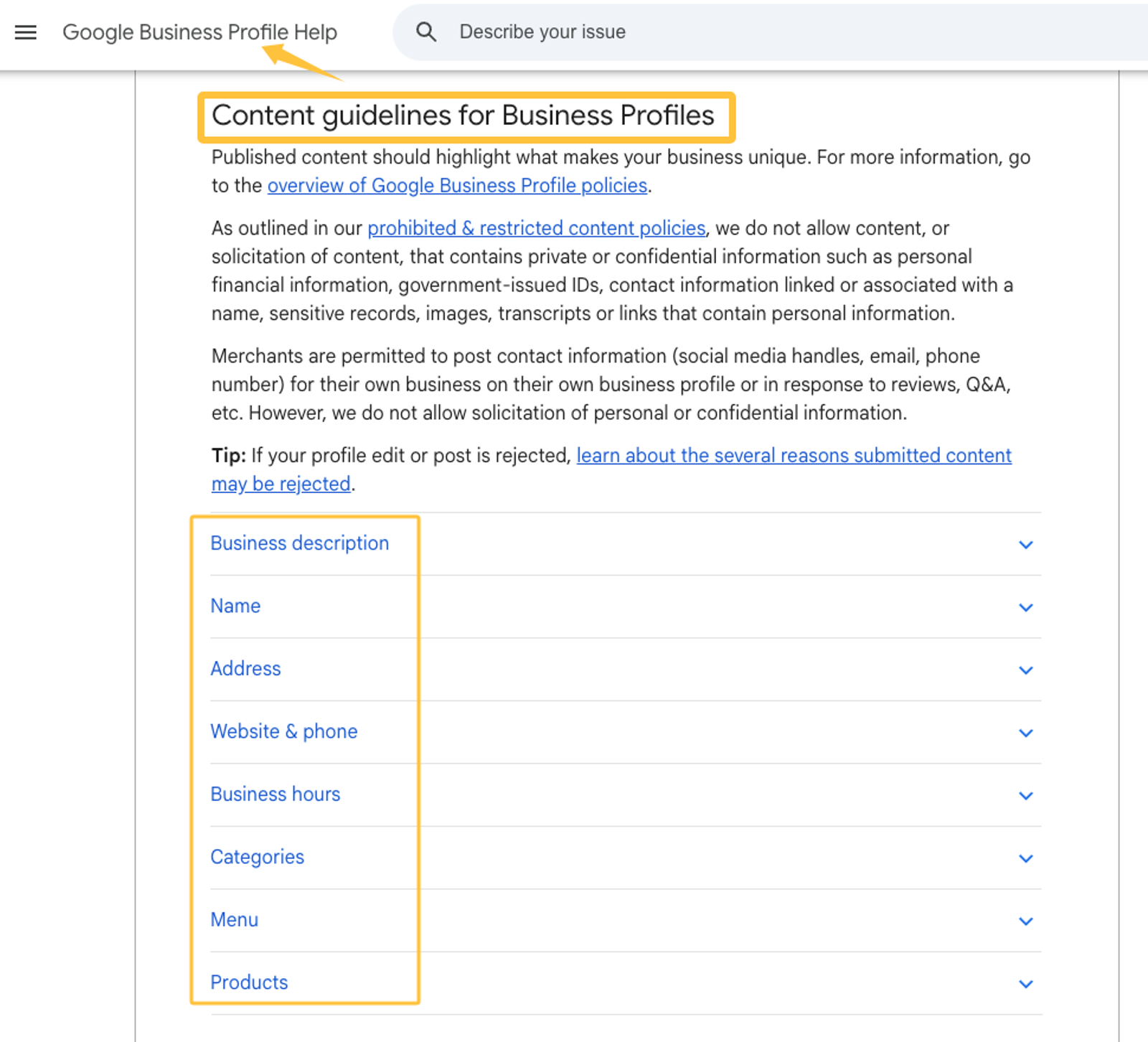 Screenshot of Google Business Profile guidelines highlighting fields to optimize for your local seo checklist strategy.