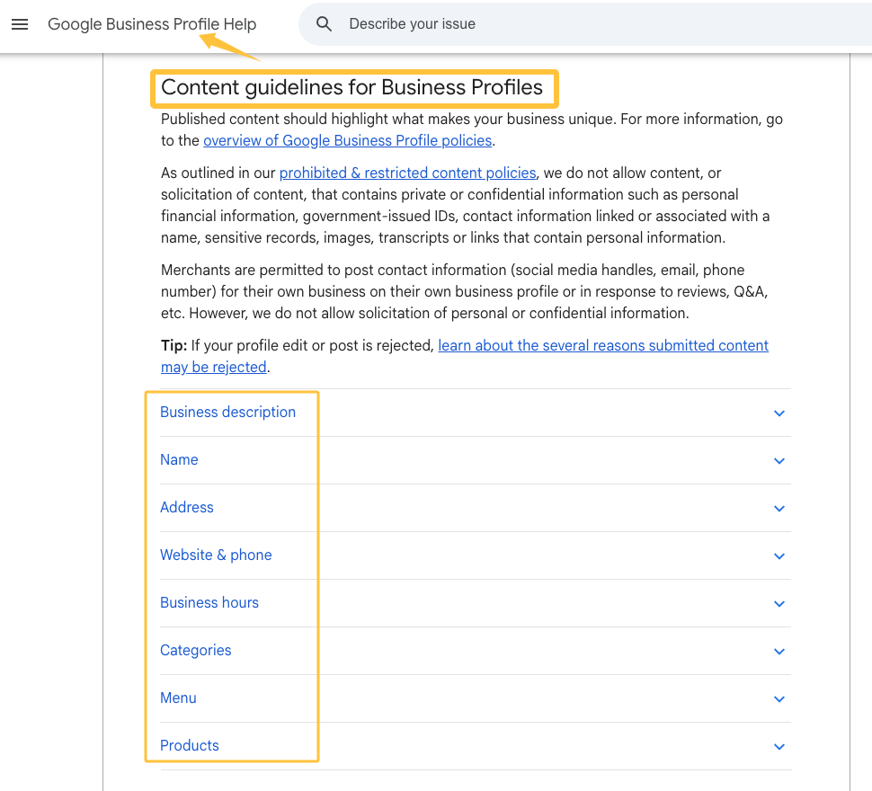 Screenshot of Google Business Profile guidelines highlighting fields to optimize for your local seo checklist strategy.