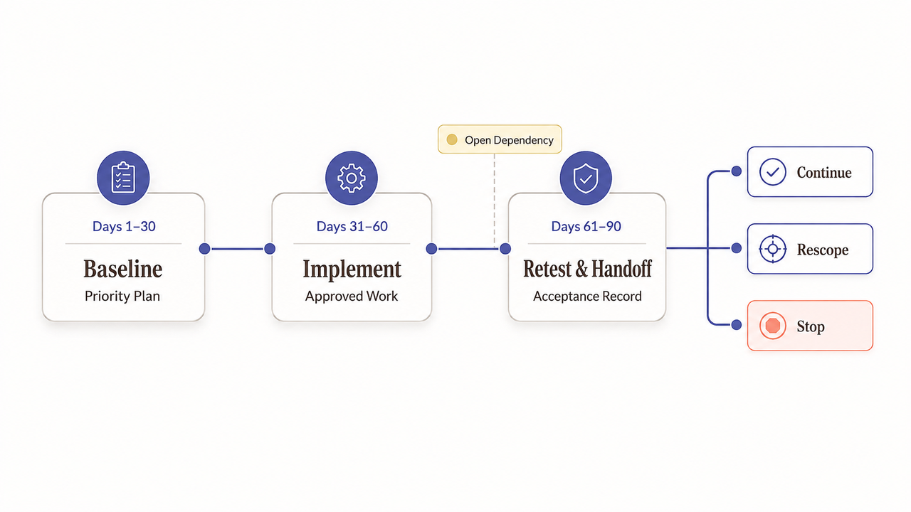 A 90-day roadmap showing the phases of B2B SEO services: from priority planning to implementation and retesting.