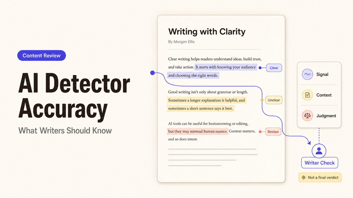 Graphic explaining AI detector accuracy, showing how human context and judgment are needed for a writer's final check.