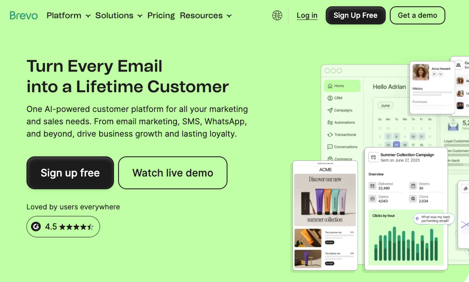 Brevo marketing automation software homepage showcasing email and customer platform tools.