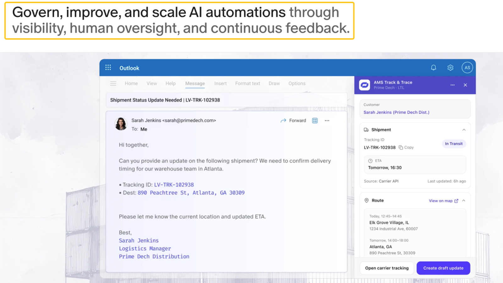 Levity AI tracking software integrated with Outlook to manage shipment status updates and carrier data.