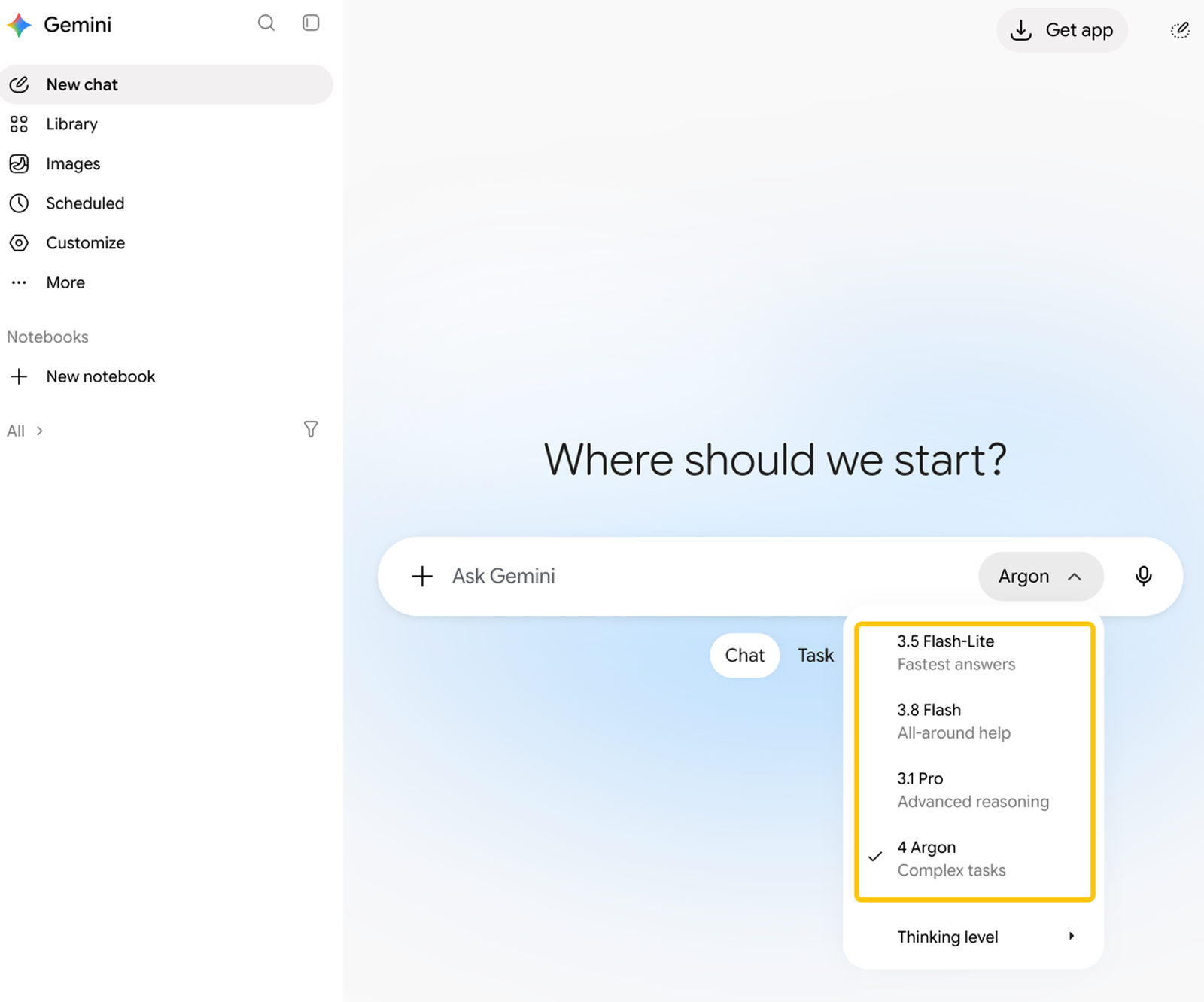 UI screenshot showing the gemini 4 argon workflow model selected for complex tasks in the main chat interface.