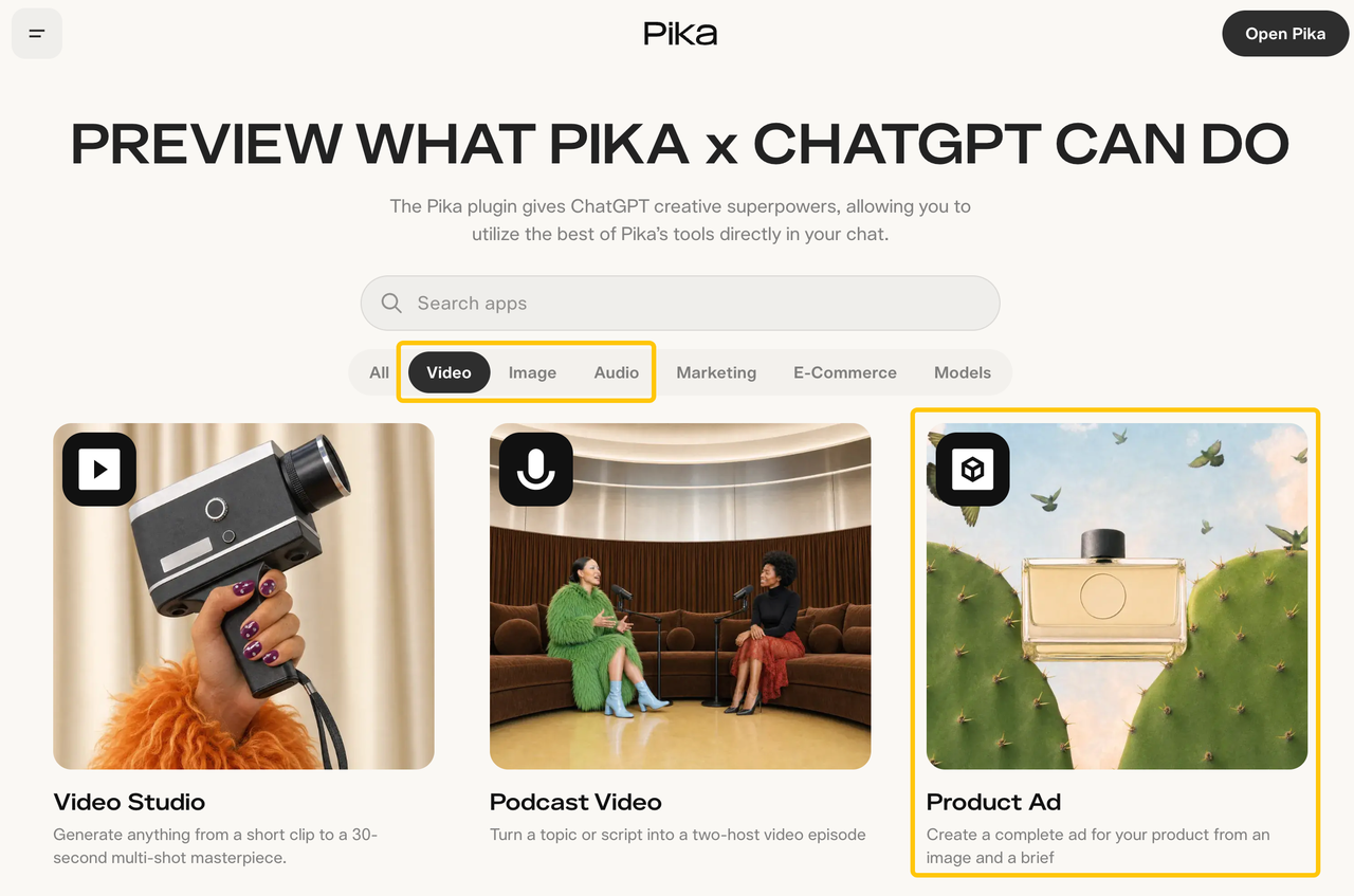 Interface of the pika chatgpt campaign workflow showing video, image filters and product ad features.