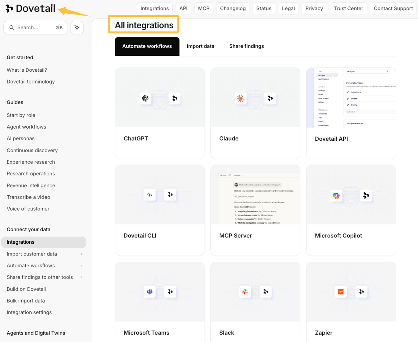 The integrations marketplace of the Dovetail platform, showcasing various customer feedback tools connections.