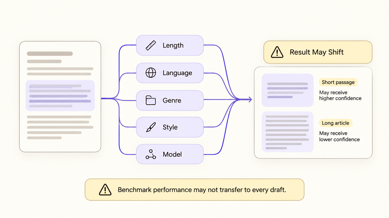 Diagram showing how text length, language, and style impact AI detector accuracy, causing benchmark results to shift.