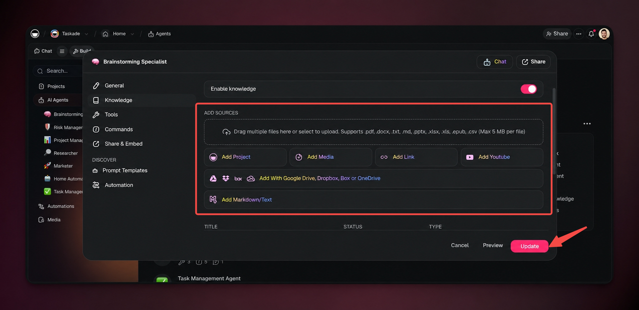 Detailed Taskade review image showing how to add media, links, and documents to train custom AI Brainstorming Agents.