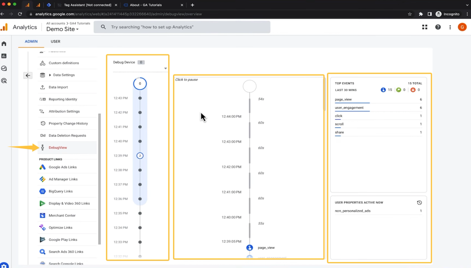 Google Analytics 4 DebugView interface showing real-time event tracking, essential after an SEO website redesign.