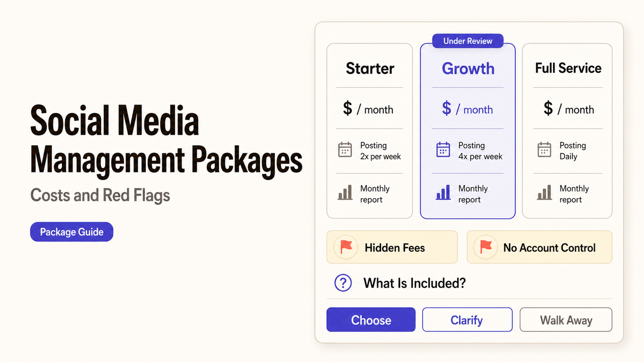 Comparison of social media management packages, showing Starter, Growth, and Full Service plans, pricing tiers, and common red flags.