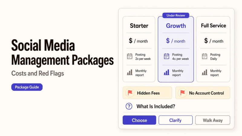 Comparison of social media management packages, showing Starter, Growth, and Full Service plans, pricing tiers, and common red flags.