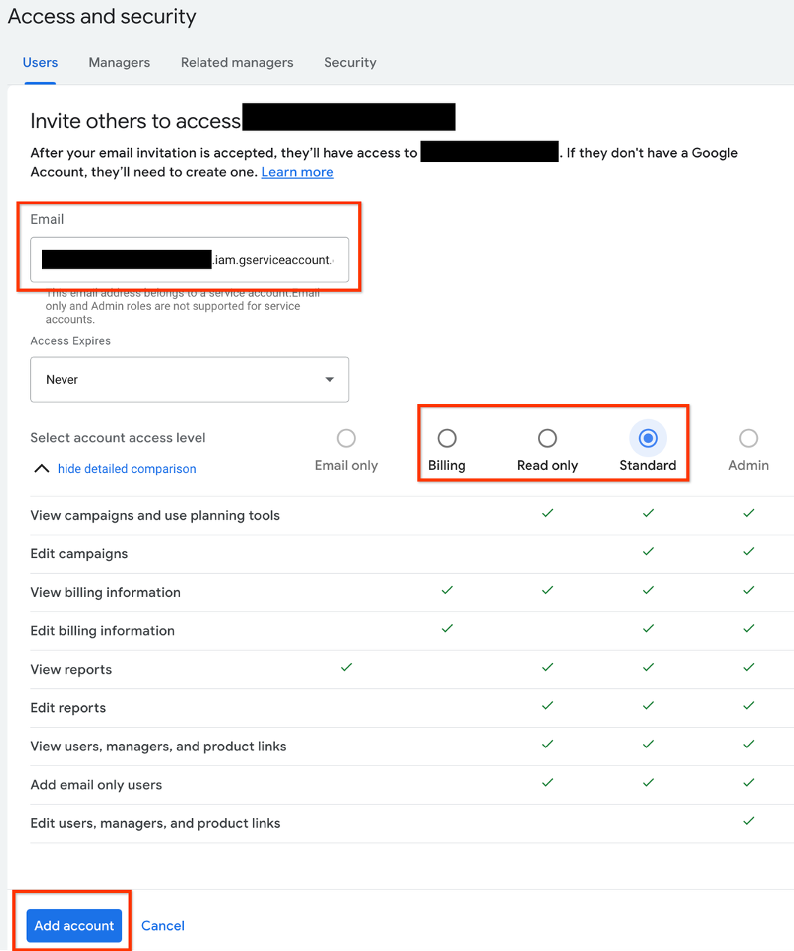 Screenshot of account access settings for integrating ai agents for marketing, showing standard permission level selection.
