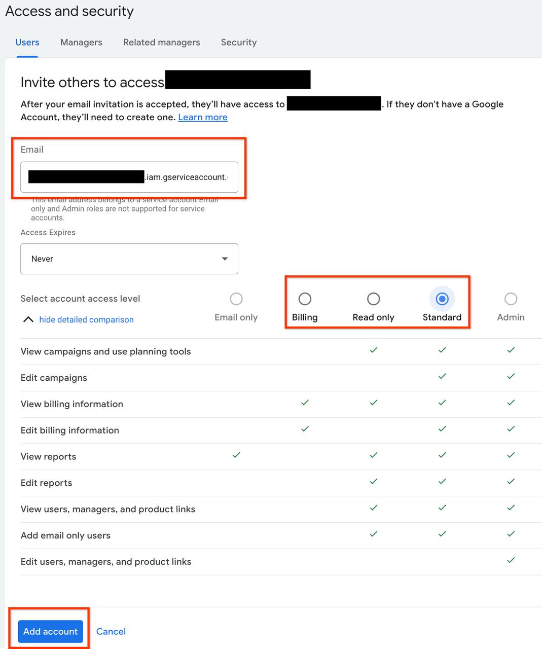 Screenshot of account access settings for integrating ai agents for marketing, showing standard permission level selection.