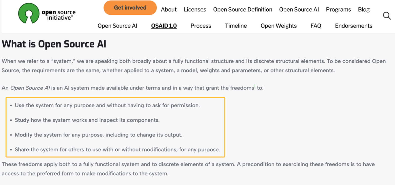Open Source Initiative website outlining system freedoms and requirements guiding open enterprise AI adoption.