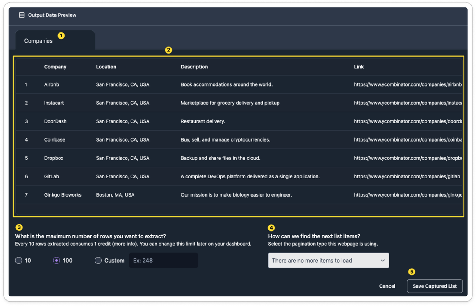 This screenshot shows an output data preview from one of the best web scraping tools, allowing list capture customization.