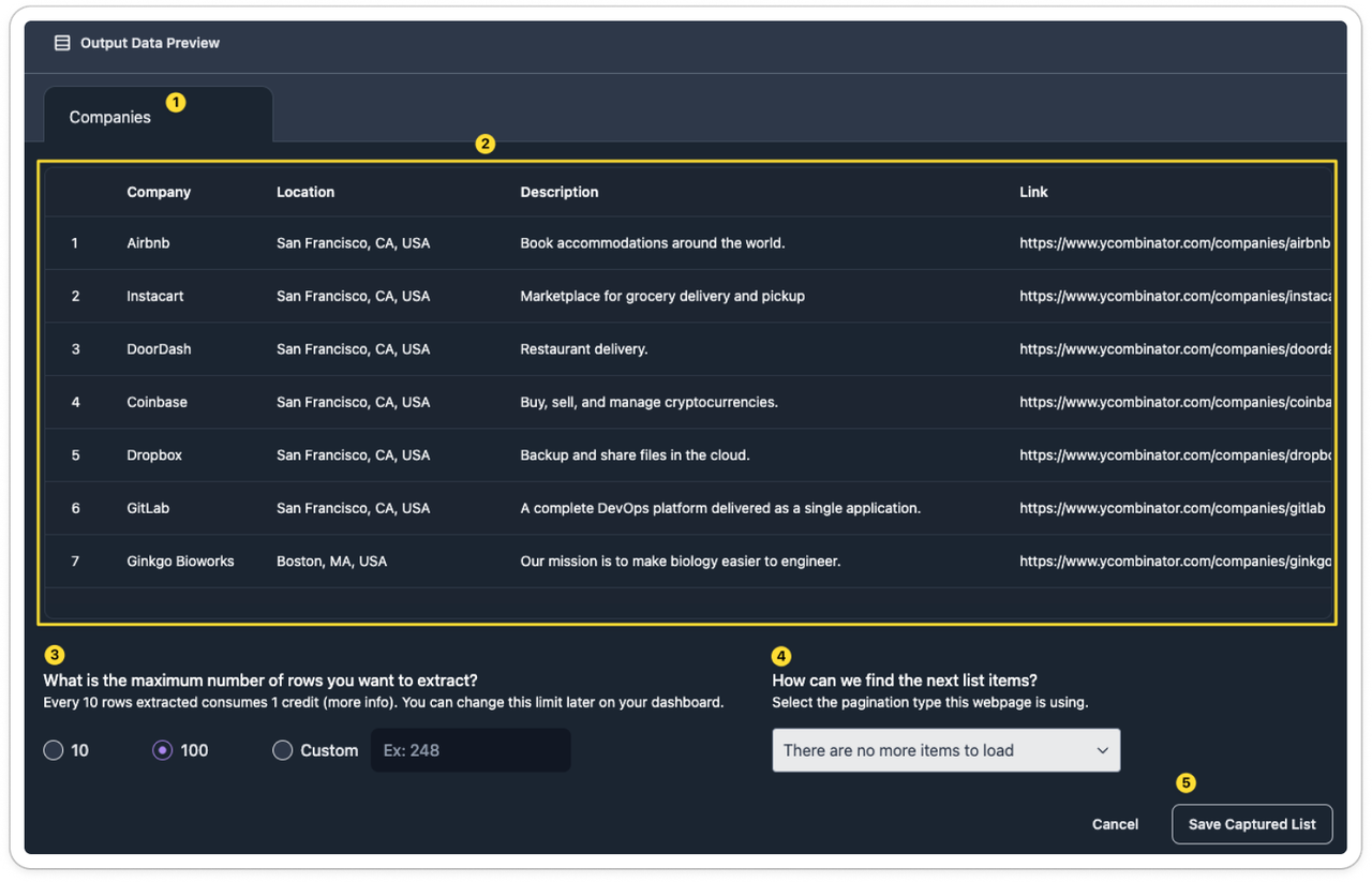This screenshot shows an output data preview from one of the best web scraping tools, allowing list capture customization.