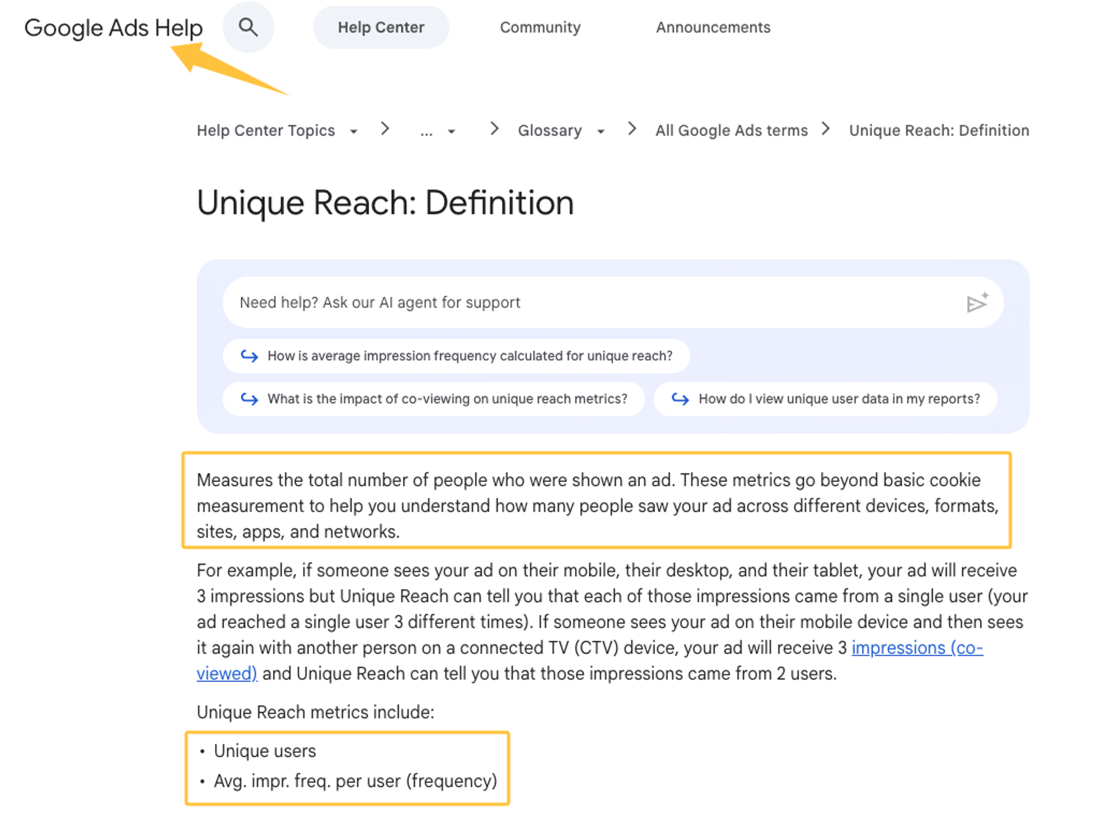 Google Ads Help page defining unique reach, a vital metric when analyzing reach vs brand awareness for digital ad campaigns.
