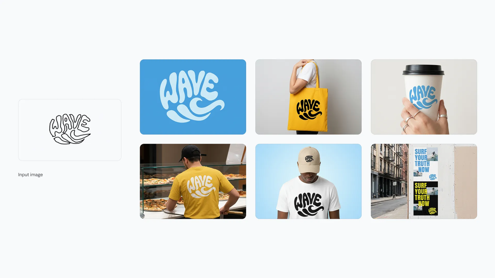 A Wave logo applied to various products like tote bags, cups, and t-shirts to showcase Nano Banana Pro marketing uses.