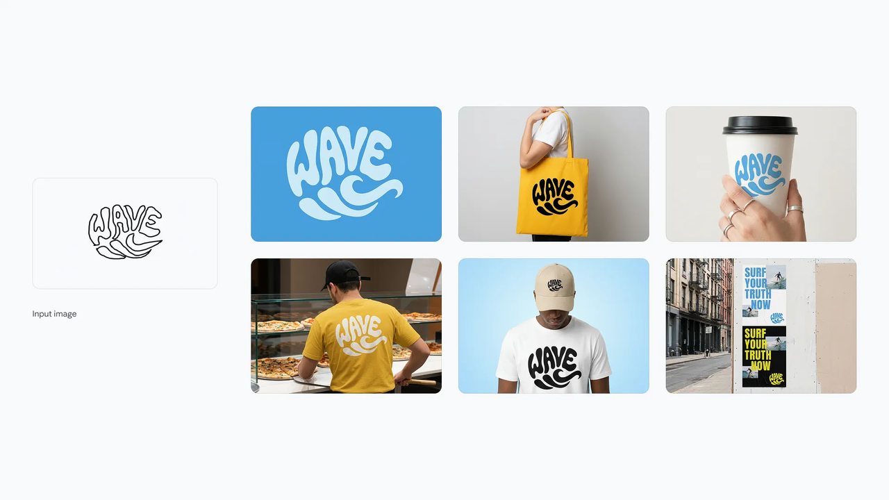 A Wave logo applied to various products like tote bags, cups, and t-shirts to showcase Nano Banana Pro marketing uses.