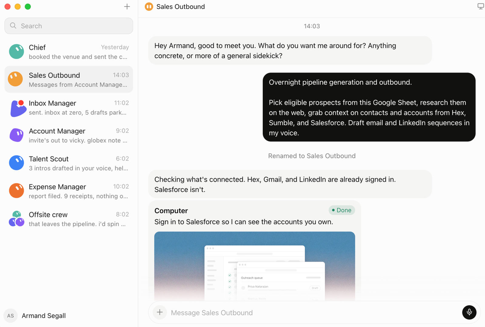 Chat interface showing a grok bot sales email sequence drafting and connecting to Salesforce.