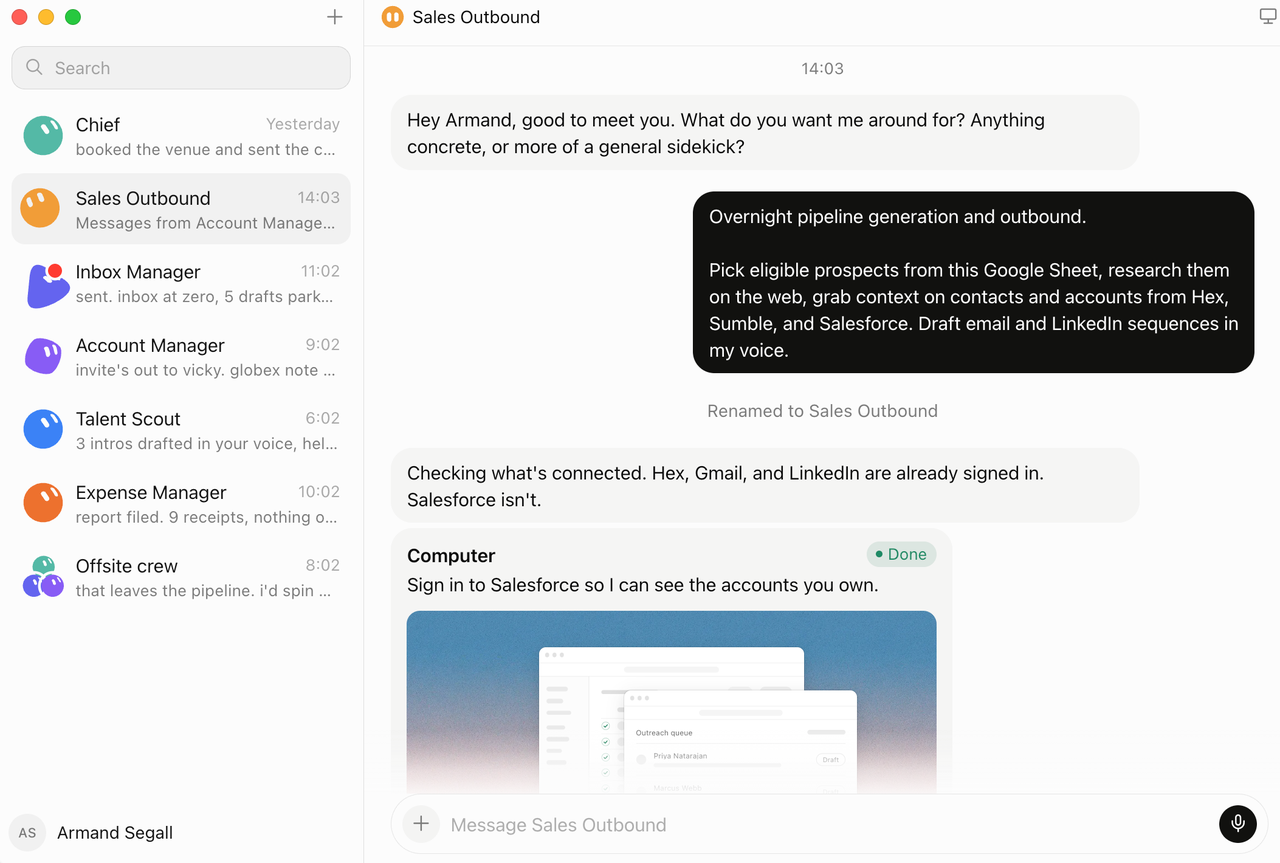 Chat interface showing a grok bot sales email sequence drafting and connecting to Salesforce.