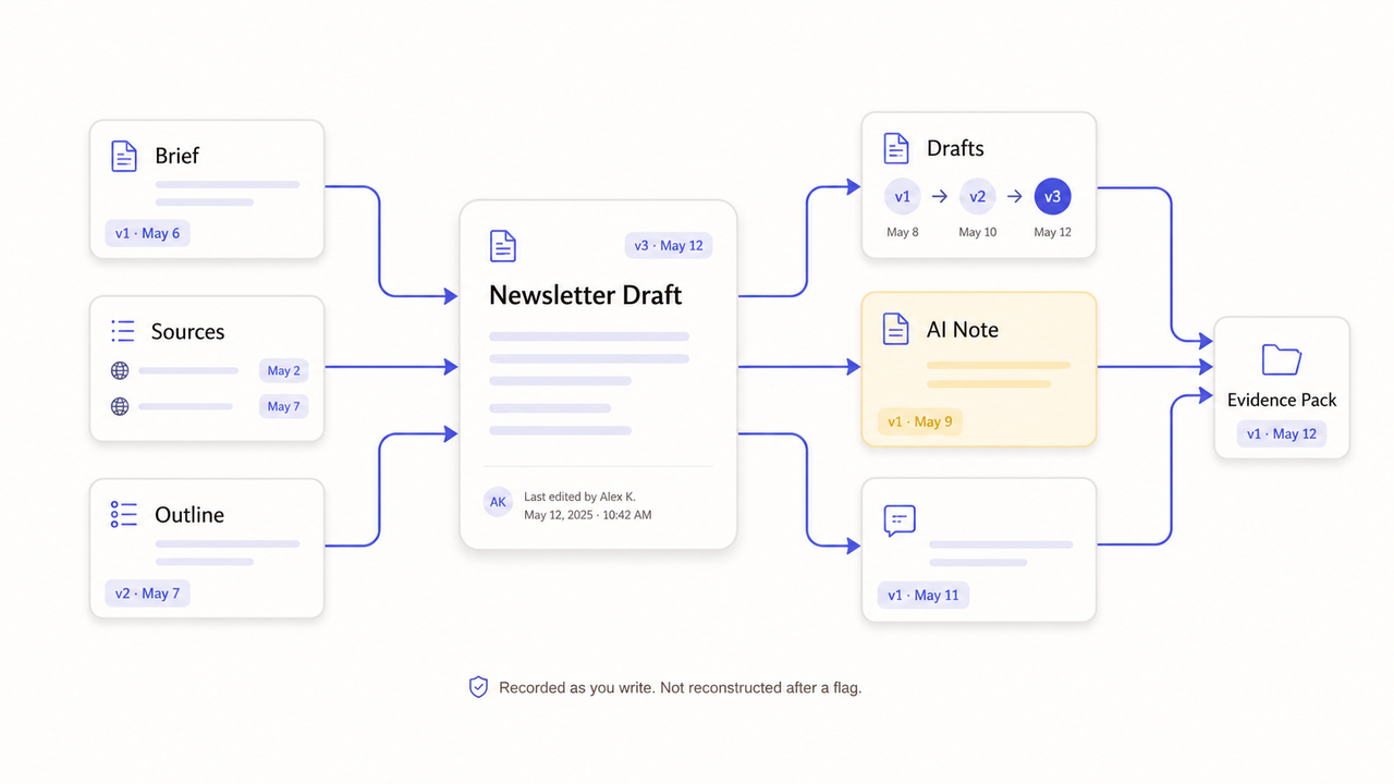 A flowchart showing how the Substack AI detector compiles briefs, sources, and drafts into a writing evidence pack.