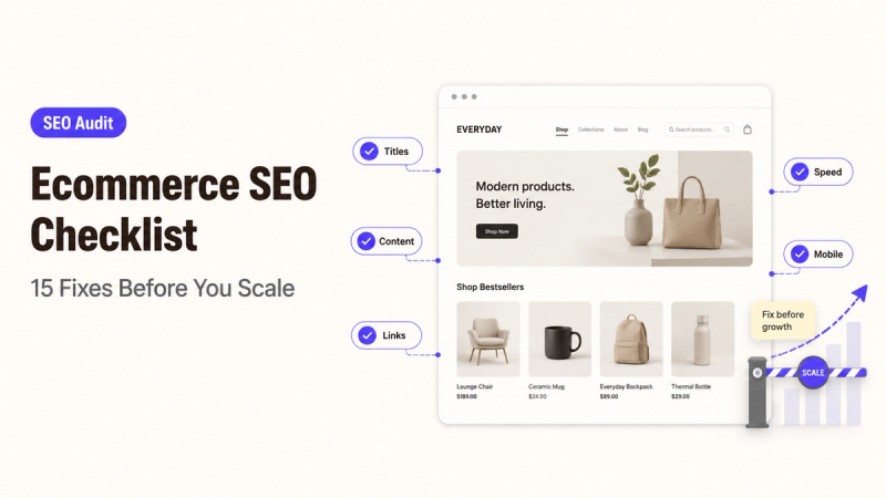 Infographic showing an ecommerce seo checklist with 15 fixes including titles, content, links, speed, and mobile optimization.