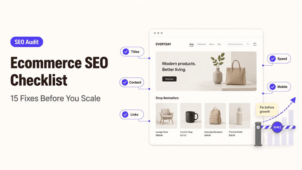 Infographic showing an ecommerce seo checklist with 15 fixes including titles, content, links, speed, and mobile optimization.